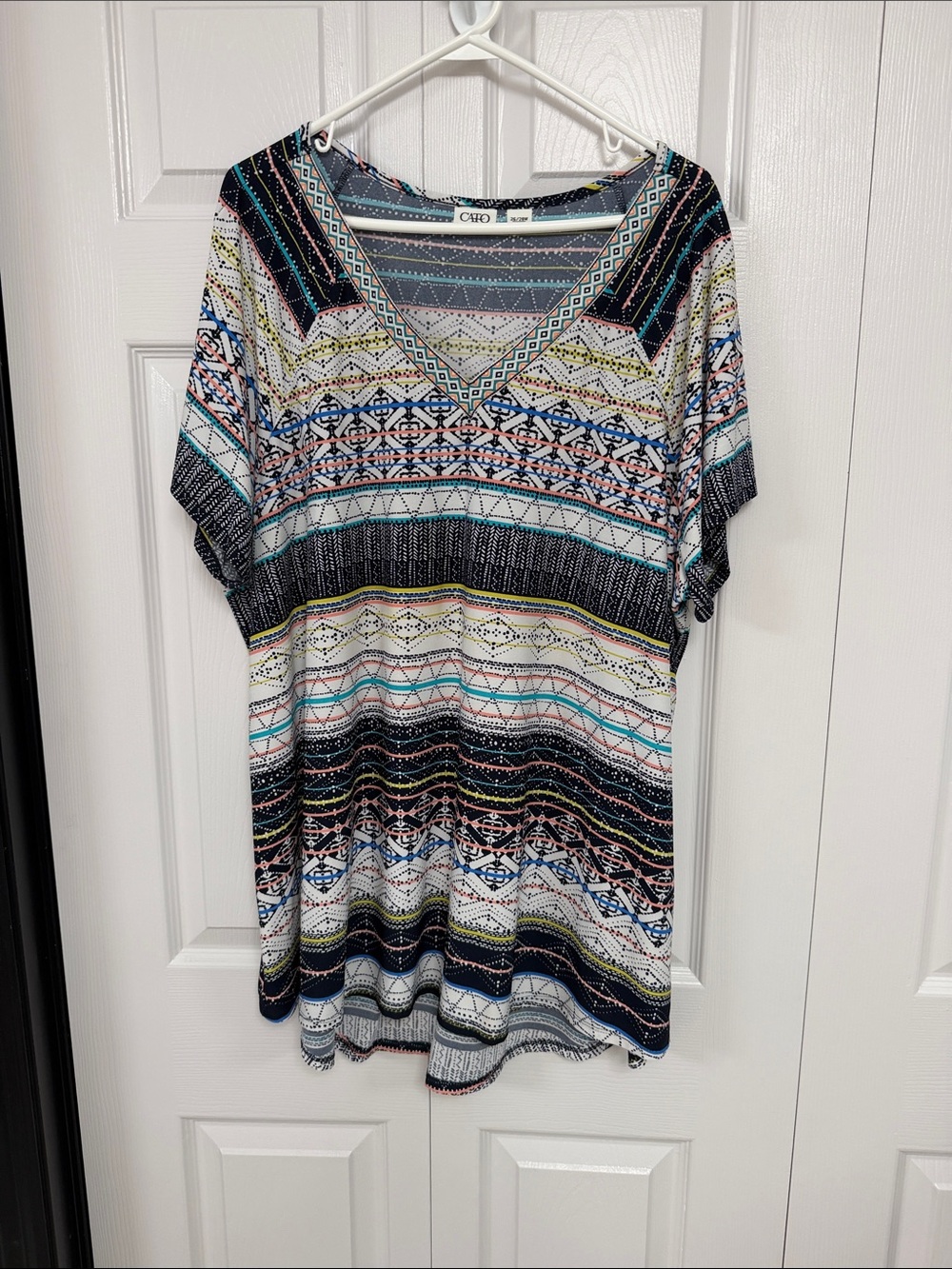 Cato V-Neck Short Sleeve Blouse in Navy, White, Teal & Pink/Coral